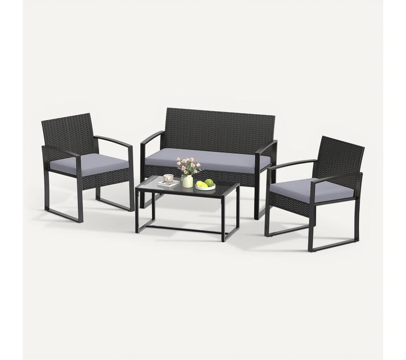 Salon De Jardin Exterieur 4 Personnes En Rotin, Table Basse Avec 2 Fauteuils 1 Canape (noir+gris)