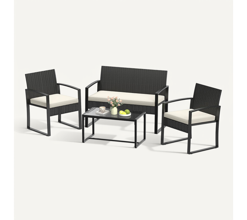 Salon De Jardin Exterieur 4 Personnes En Rotin, Table Basse Avec 2 Fauteuils 1 Canape (noir+beige)