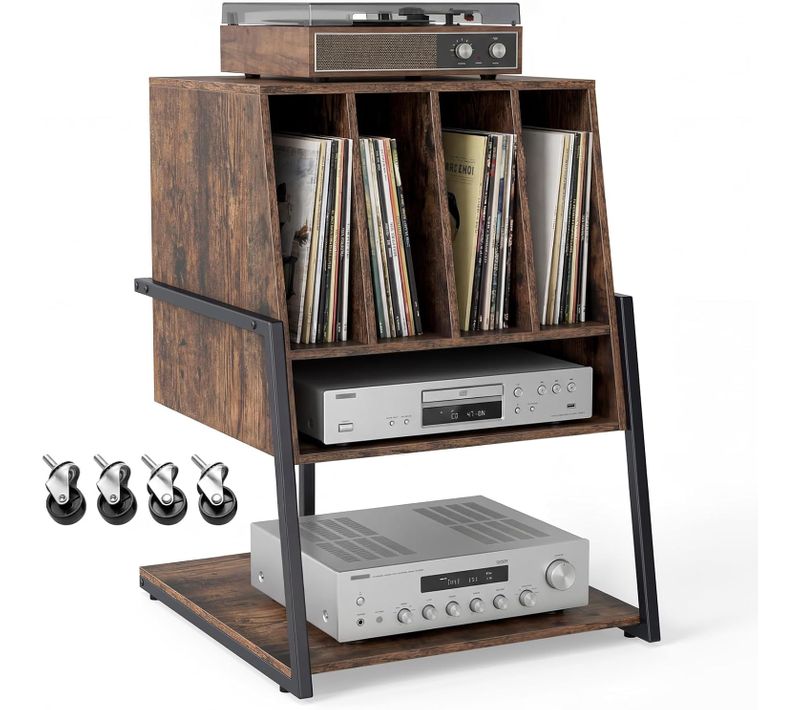 Meuble Platine Vinyle, Meuble Rangement Jusqu'à 180 Vinyle, 4 Roulettes (sans Prise,marron Rustique)