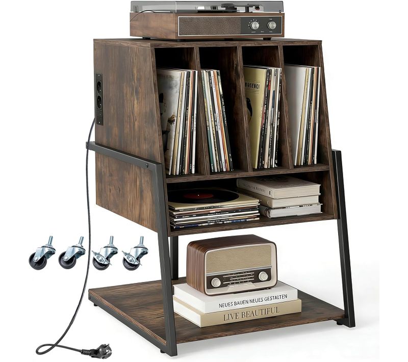 Meuble Platine Vinyle Avec Prise, Meuble Rangement Jusqu'à 180 Vinyle (avec Prise,marron Rustique)