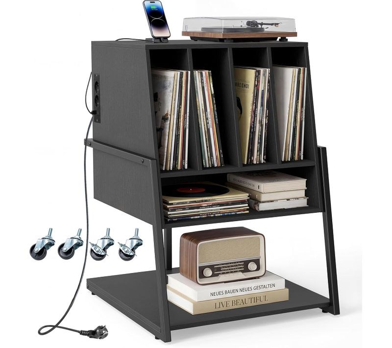 Meuble Platine Vinyle Avec Prise, Meuble Rangement Jusqu'à 180 Vinyle (avec Prise,noir)