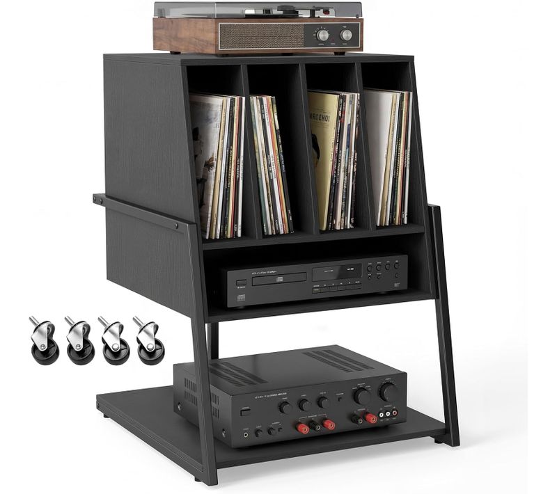 Meuble Platine Vinyle, Meuble Rangement Jusqu'à 180 Vinyle, 4 Roulettes Inclus (sans Prise,noir)