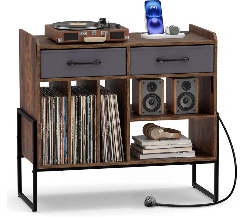 Meuble Platine Vinyle Avec Prise, Rangement Platine Vinyle 3 Compartiments, 2 Tiroirs