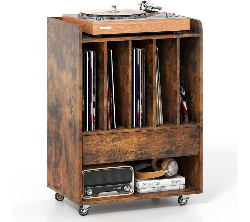 Meuble Platine Vinyle à Roulette Avec Tiroirs, 6 Compartiments Pour 150 Albums (marron)