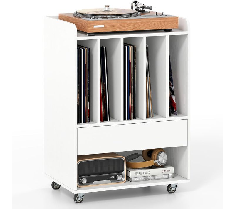 Meuble Platine Vinyle à Roulette Avec Tiroirs, 6 Compartiments Pour 150 Albums (blanc)