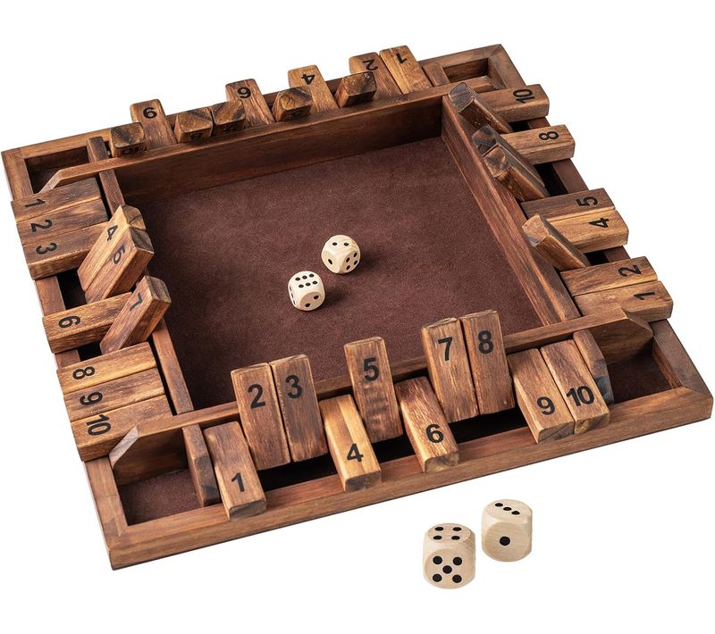 Shut The Box 4 Joueurs, Jeu De Société En Bois Pin Classique Avec 2 Dés (marron+naturel)