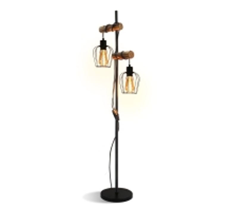 Lampadaire Salon Noir Bois Vintage 2 Lumières (2 Ampoules Incluses)  E27 H. 151cm