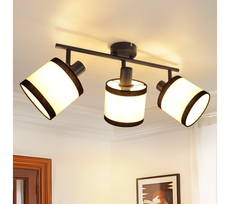 Spot De Plafond 3 Flammes Noir Vintage E14 Plafonnier Tissu Rétro Salon Chambre Et Couloir