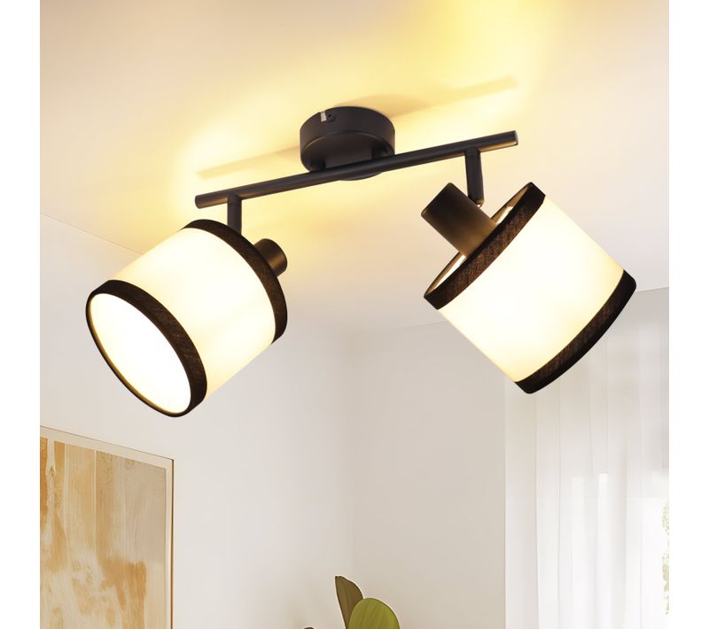 Spot De Plafond 2 Flammes Noir Vintage E14 Plafonnier Tissu Rétro Salon Chambre Et Couloir