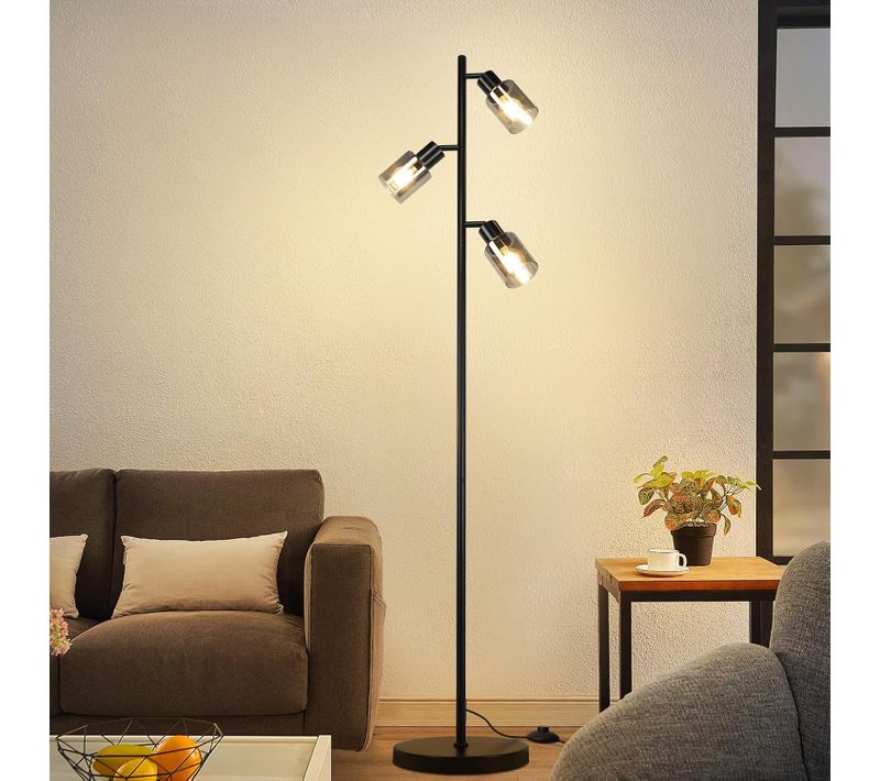 Lampadaire Noir 3 Flammes E14 Métal Verre