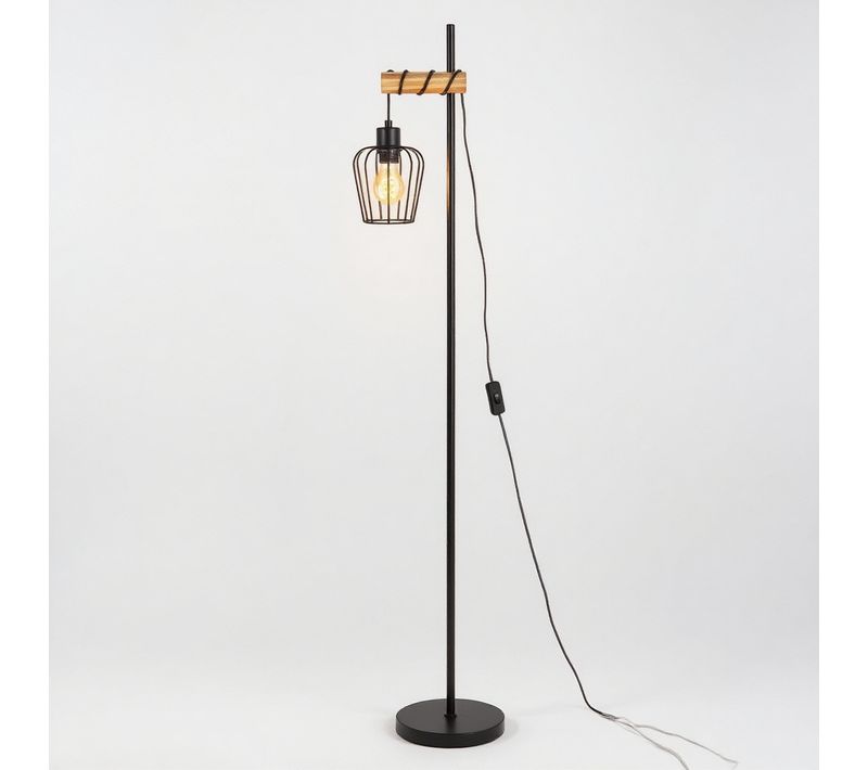 Lampadaire Salon Vintage 1 Flamme Métal Bois Noir E27 H.146 Cm
