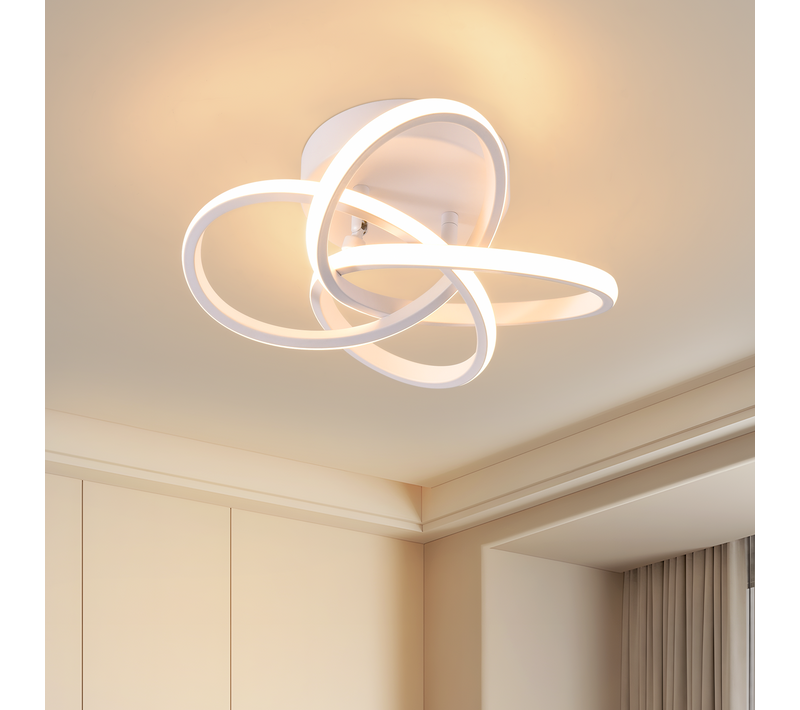 Plafonnier LED Moderne - 28w 3000k Blanc Chaud, Design Fleur à 4 Pétales, Blanc Métallisé 32cm