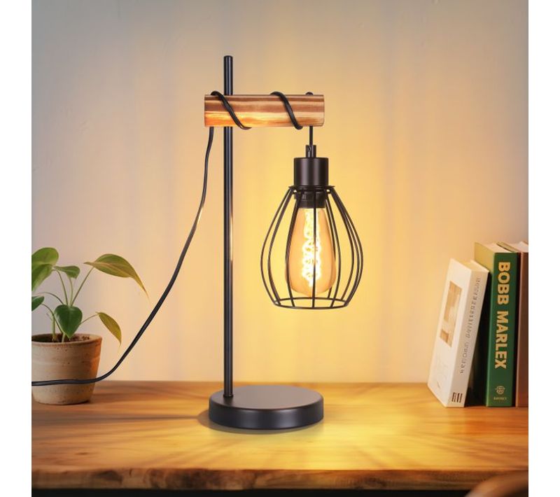 Lampe De Table Salon Vintage En Bois Noir Lampe De Chevet Industriel  Lampe De Table E27 Métal