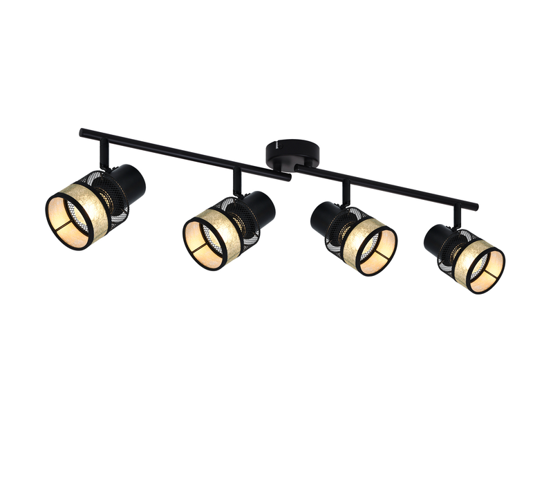 Plafonnier 4 Spots Métal E27 Max. 25w Vintage Noir 330° Abat-jour En Tissu Doré