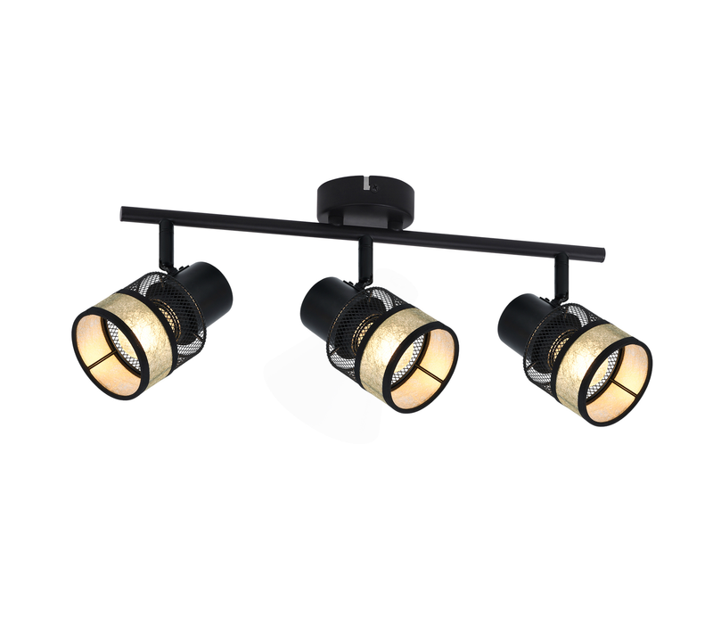 Plafonnier 3 Spots De E27 Métal Max. 25w Noir - Doré Vintage Abat-jour En Tissu Rotatif à 330°
