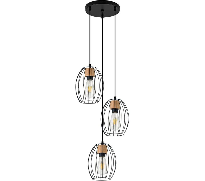 Suspension Vintage 3 Lampes - Lustre Industriel Métal Noir et Bois E27 (sans Ampoule)