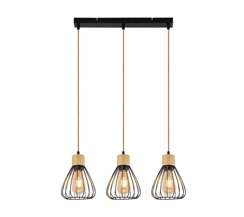 Suspension Lampe Suspension Vintage Pour Salon Industrielle Rétro En Bois Métal Noir 3 Flammes E27