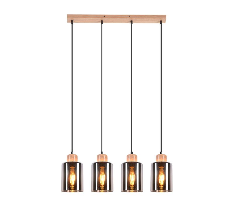 Suspension Pour Table à Manger, Suspension En Bois, 4 Flammes En Verre Fumé, E27