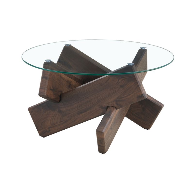 Table Basse Table Ronde En Verre Trempé 79x79x45cm Design Moderne En Bois Croisé Noyer