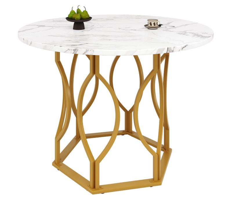 Table Salle à Manger Cuisine 4 Personnes 100cm Pieds Métal Plateau Marbre Mdf Doré