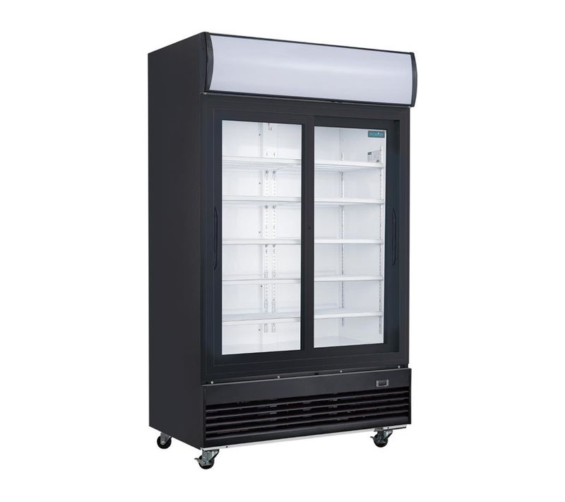 Frigo Professionnel Vitré Noir 2 Portes Coulissantes Avec Caisson Lumineux Série G 950l -