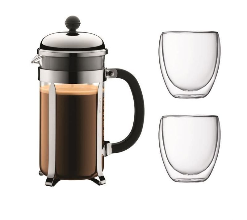 Chambord Set Cafetière à Piston - 8 Tasses - 1l - Gris - Avec 2 Verres Double Paroi Pavina 0,35l