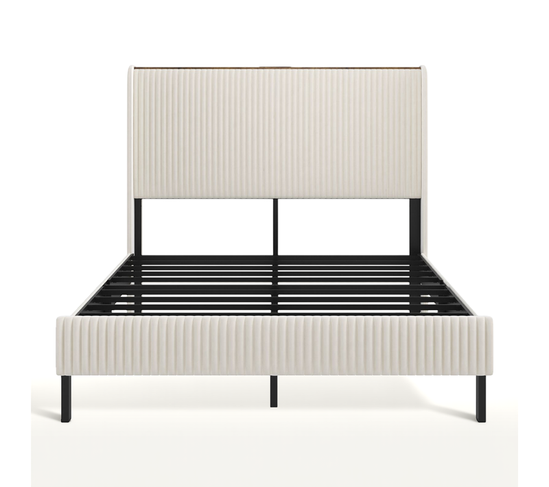 Lit Double 140x200cm Lit Adulte Cadre De Lit Fer Tête De Lit Haute Recharge USB Et Petite LED Beige