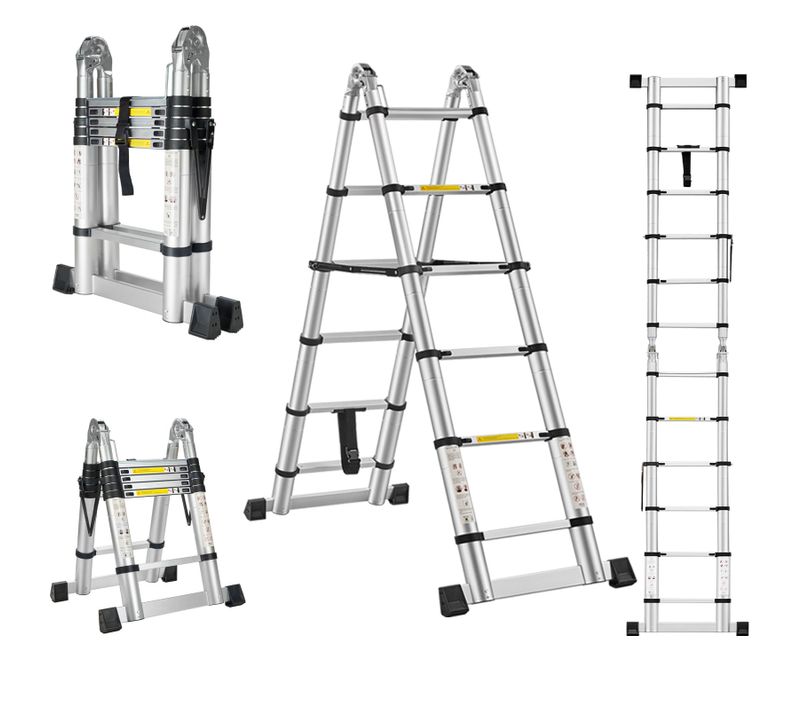 échelle Télescopique Pliante 2 En 1 3,8 M (1,9 + 1,9), Aluminium, Capacité De Charge 150 Kg, Argent