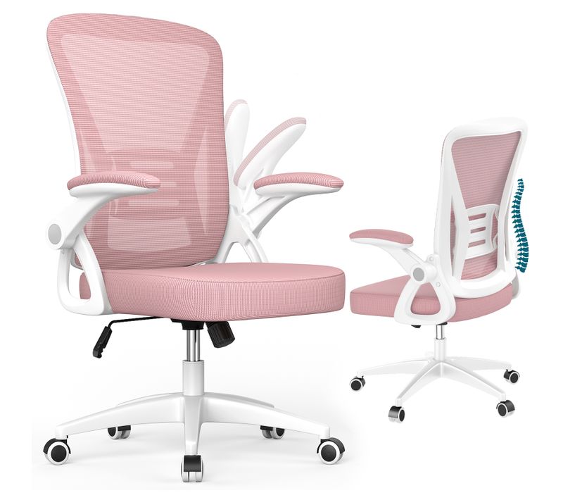 Fauteuil De Bureau Ergonomique En Maille Avec Soutien Lombaire, Accoudoirs Réglables - Rose