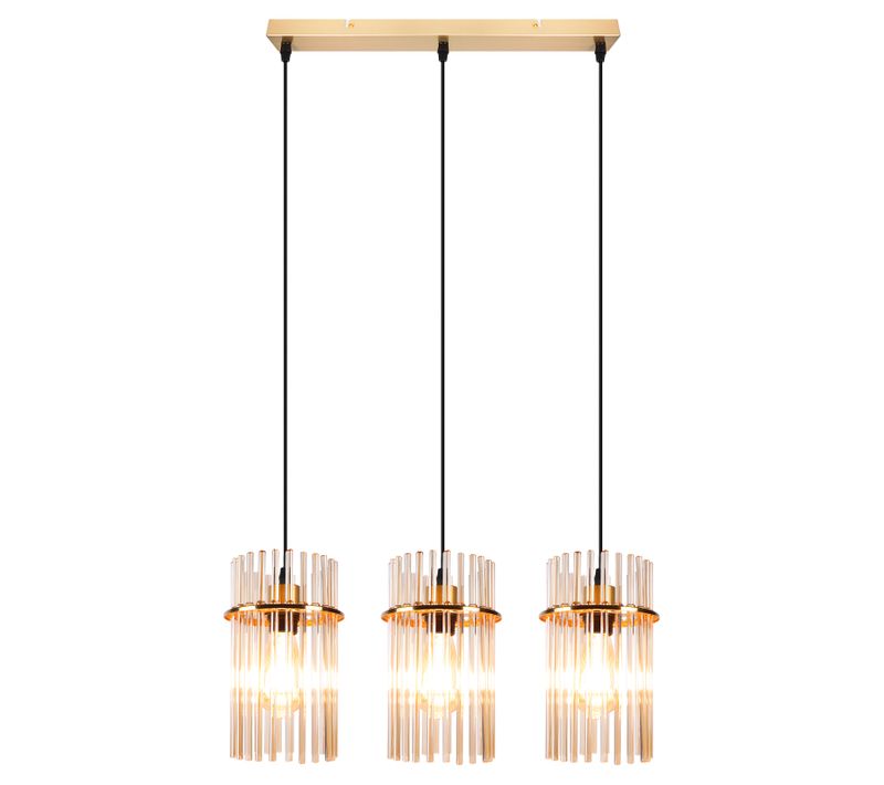Suspension Dorée Vintage, 3-lampes Verre E27, Ø 16 Cm Pour Cuisine.