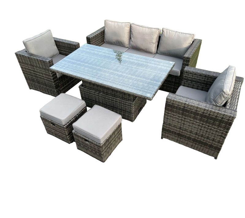 Salon De Jardin En Rotin Avec Canapé Table à Manger Réglable En Hauteur Tabourets