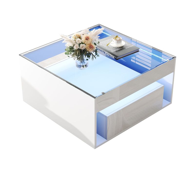 Table Basse Carrée 70 Cm En Verre Trempé - Avec Rangements LED - Style Moderne