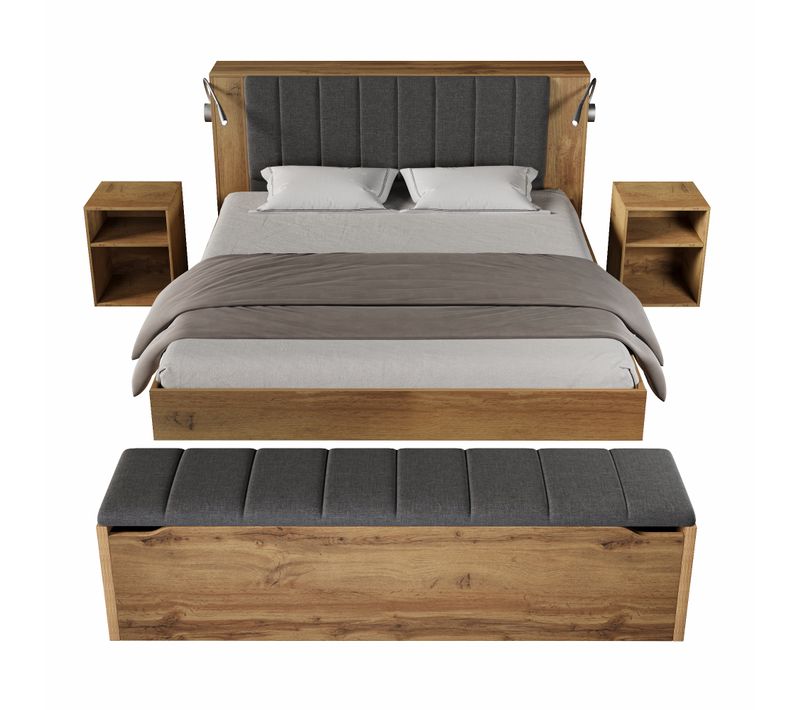 Lit Coffre 160x200 Cm Lit Bois Avec 2 Tables De Chevet,led Et USB-banc De Rangement, Chêne Naturel