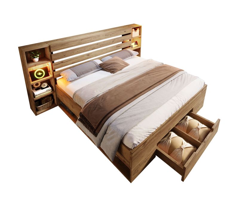 Lit Coffre Bois Massif 160x200 Cm Lit Double Avec Rangement, Éclairage LED Et USB-c, Chêne