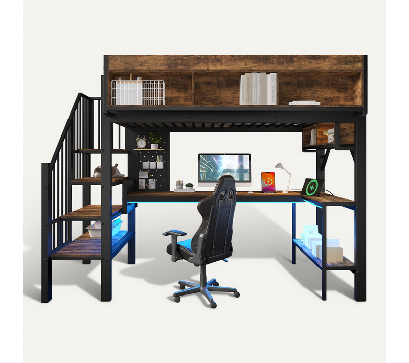 Lit Mezzanine 90x200 Cm - Bureau D'angle Rangement USB-c LED Certifié En747 - Marron Noir