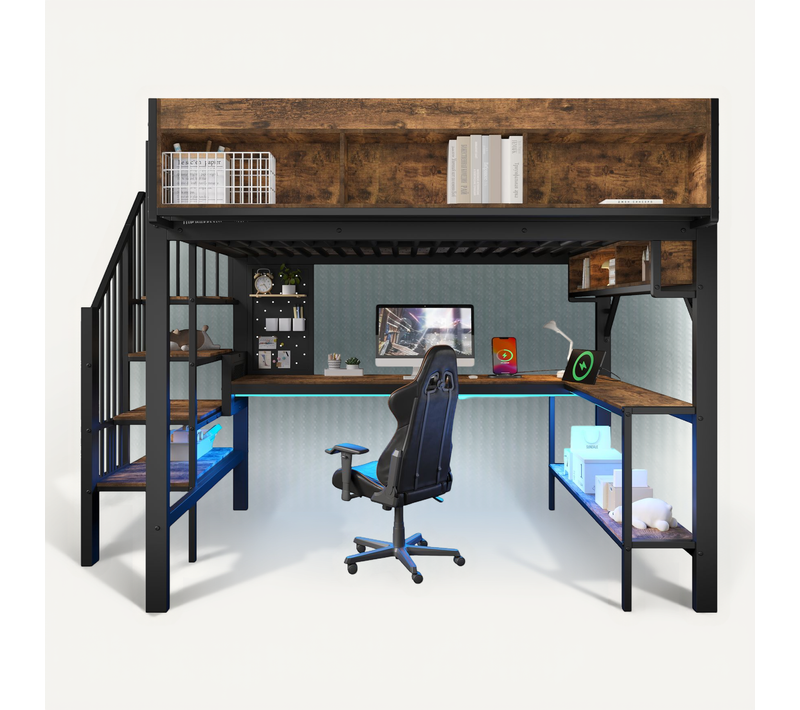 Lit Mezzanine 140x200 Cm - Bureau D'angle Rangement USB-c LED Certifié En747 - Marron Noir
