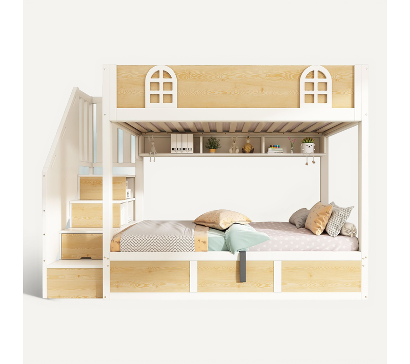 Lit Superposé Enfant 90x200 Cm Avec 4 Escalier De Rangement,barrière De Sécurité,bois Massif,naturel