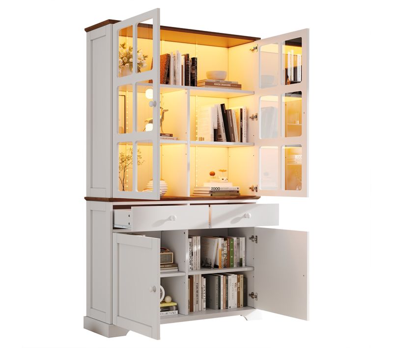 Vitrine Haute Vitrée 120x36.5x200 Cm Avec LED, 2 Tiroirs 4 Portes, Meuble Grand Rangement ,  Blanc