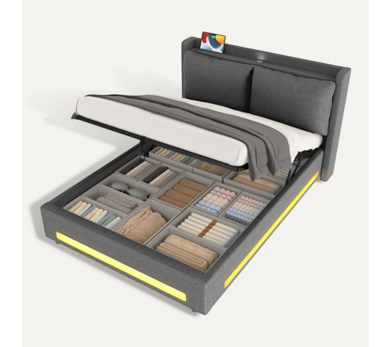 Lit Coffre 140x200cm Lit Double Avec Rangements Intégrés-recharge USB-c- LED - Velours - Gris