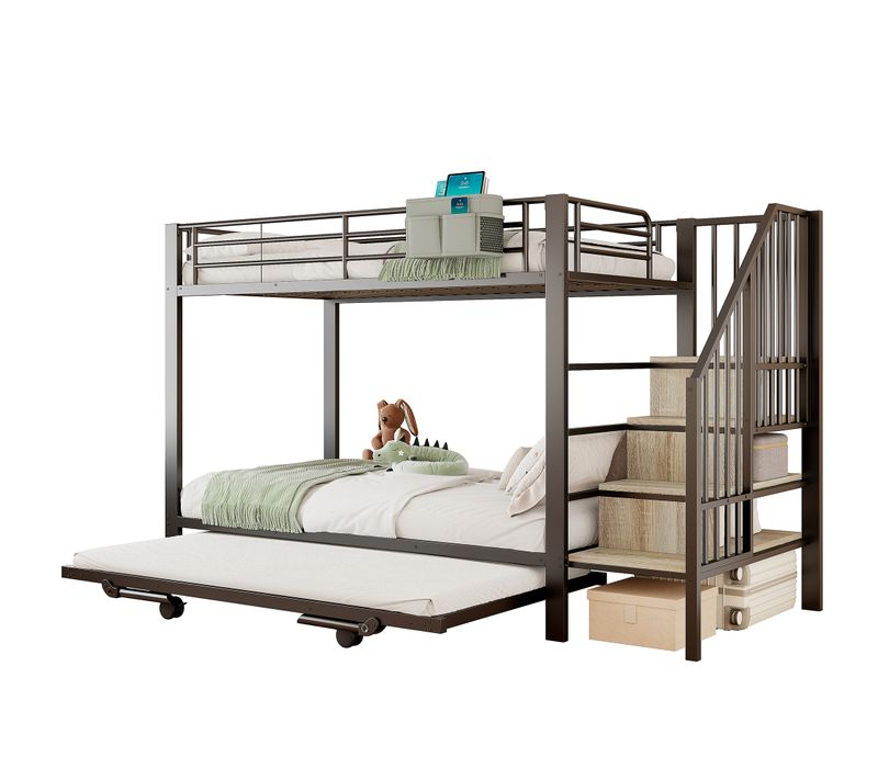 Lit Superposé 90x200cm Lit Gigogne Extensible 180x200 - 3 Escalier Rangement - Métal - Noir