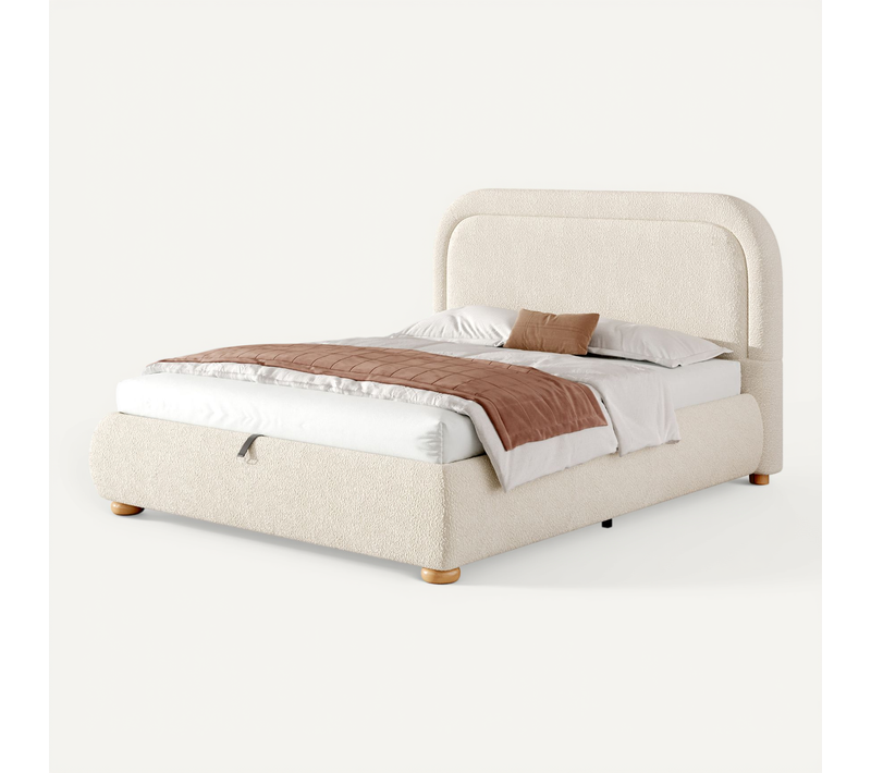 Lit Coffre 140x190 Cm Lit Rembourré Double Avec Rangement Hydraulique, Tissu Bouclé, Beige