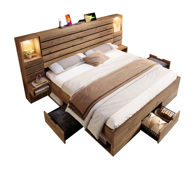 Lit Coffre Bois Massif 160x200 Cm Lit Double Avec Rangement, Éclairage LED Et USB-c, Chêne