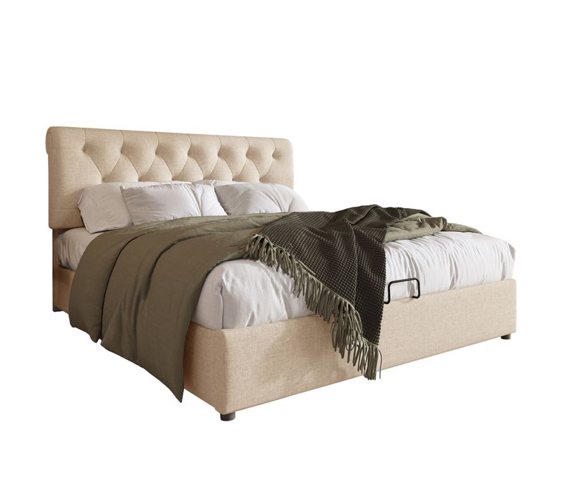 Lit Coffre 140x200cm Lit Capitonné Double Avec Rangement Hydraulique - Lin - Naturel