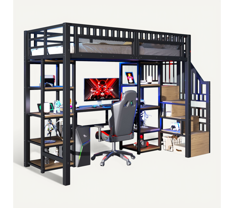 Lit Mezzanine 90x200 Cm Cadre Métal Avec Étagère, Échelle Rangement, Bureau, Bandeau LED, USB, Noir