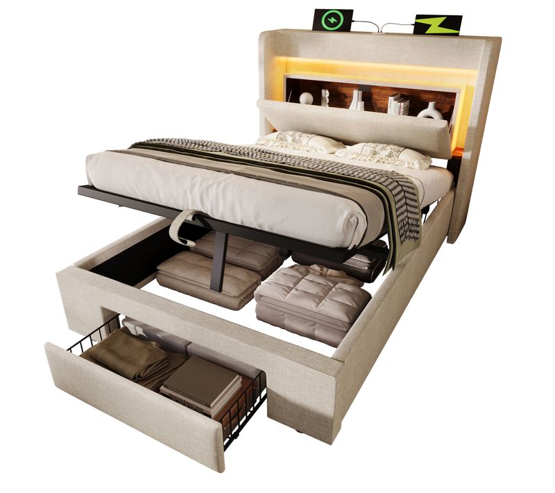 Lit Coffre 90x200 Cm Avec Lit Rembourré Avec Éclairage LED, Ports USB- USB-c,lin,beige,avec Matelas
