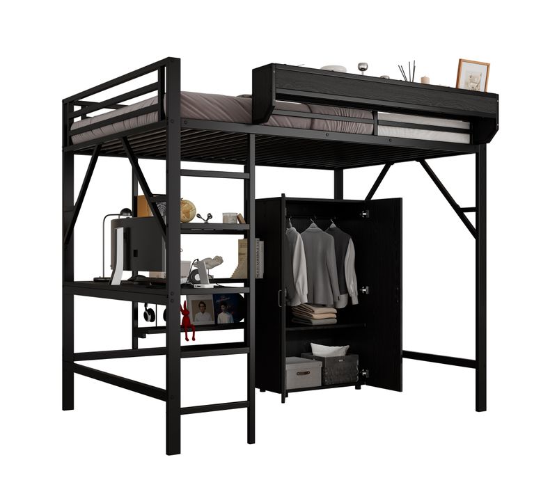 Lit Mezzanine 140x200cm, Lit Haut Avec Bureau Intégré Et Double Rangement, Dressing Et Armoire,noir