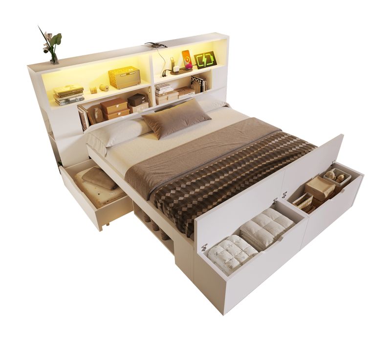 Lit Coffre Double 140x200 Cm Avec Rangement ,led Et USB - Tiroirs Et Étagères Intégrés- Bois - Blanc