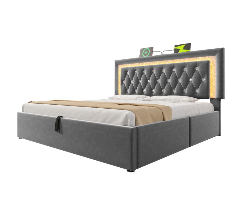 Lit Coffre 140x200 Cm Lit Capitonné Velours Avec LED Et USB/type-c - Sommier Inclus - Gris