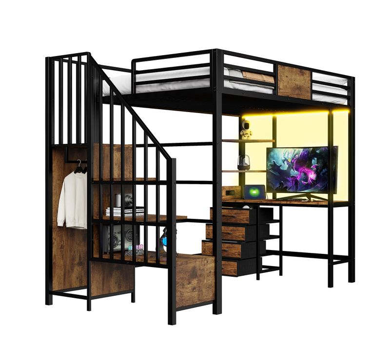 Lit Mezzanine 90x200 Cm En Métal Avec Bureau Intégré, Étagères, Penderie, Éclairage LED, Noir