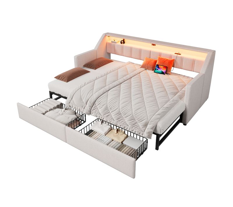 Lit Banquette 90x200 Cm, Canapé Lit Avec USB Et Type-c, LED, 2 Tiroirs, Poches De Rangement, Beige